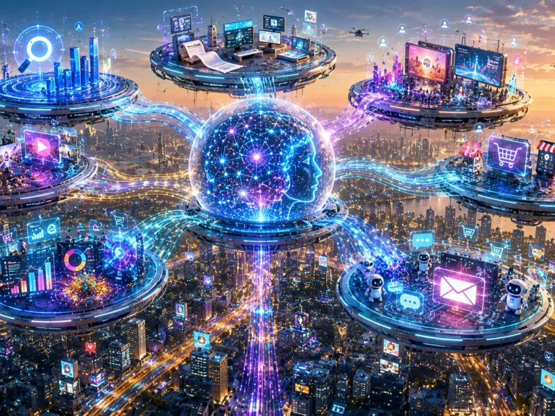 AI in Digital Marketing illustrating artificial intelligence optimizing SEO, content creation, advertising, customer analytics, personalization, and marketing automation.