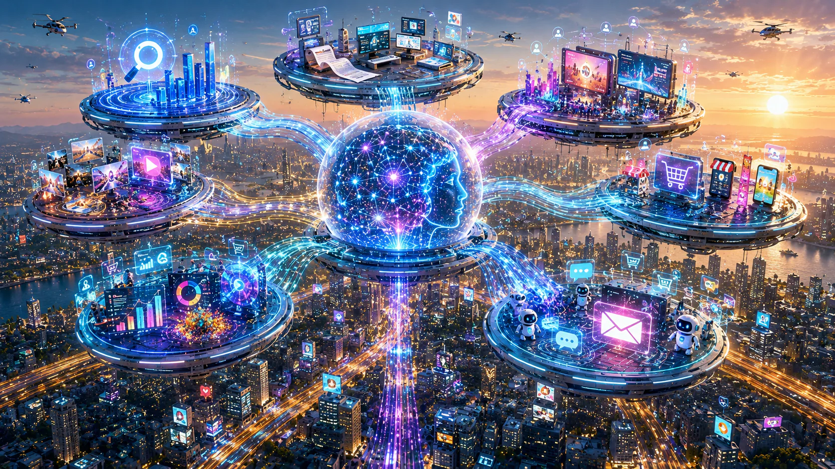 AI in Digital Marketing illustrating artificial intelligence optimizing SEO, content creation, advertising, customer analytics, personalization, and marketing automation.