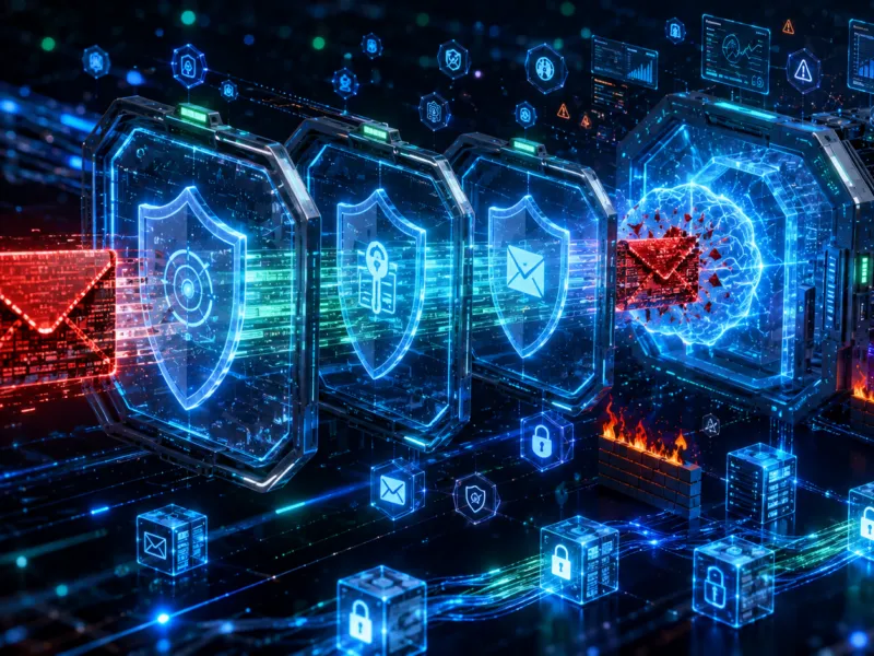 Email Spoofing Explained showing a fake email attack being detected by SPF, DKIM, DMARC authentication, AI email security, and phishing protection systems.