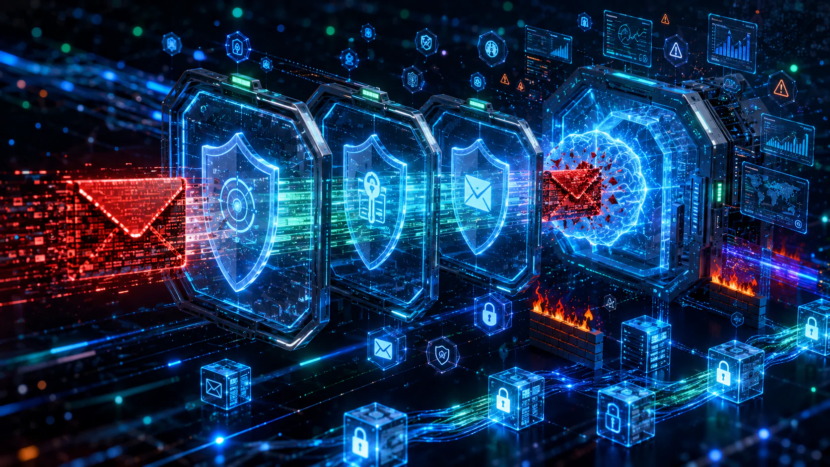 Email Spoofing Explained showing a fake email attack being detected by SPF, DKIM, DMARC authentication, AI email security, and phishing protection systems.