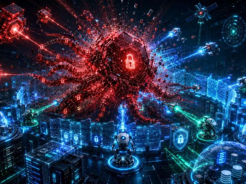 Ransomware Protection Best Practices showing AI cybersecurity systems stopping a ransomware attack, protecting business networks, encrypted data, and secure backup infrastructure.