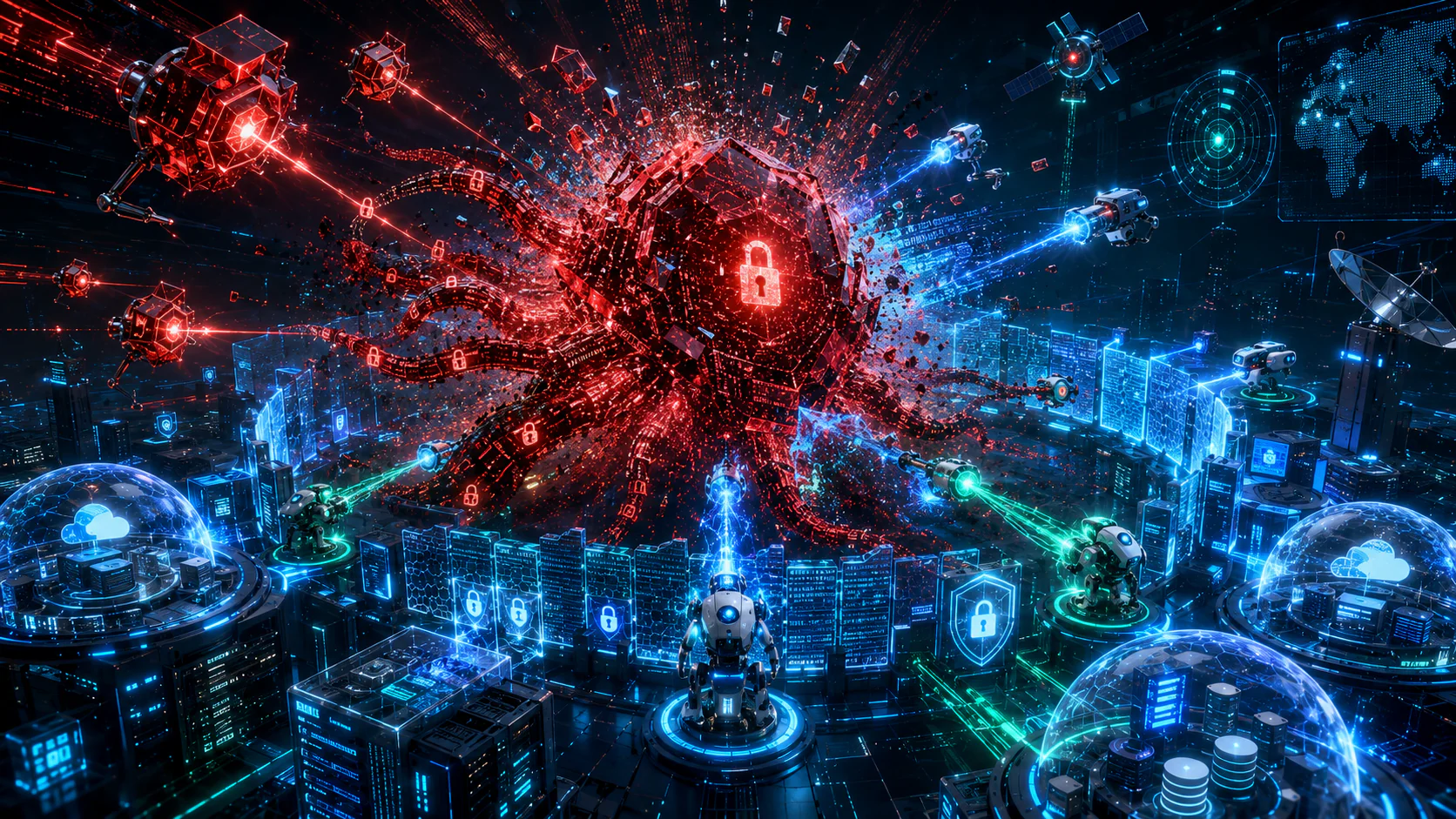 Ransomware Protection Best Practices showing AI cybersecurity systems stopping a ransomware attack, protecting business networks, encrypted data, and secure backup infrastructure.